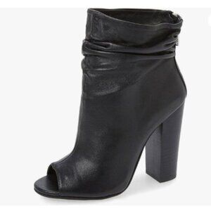 FSJ Women Stylish Peep Toe Slouch Ankle Boots Chunky Stacked Heels Black Shoes